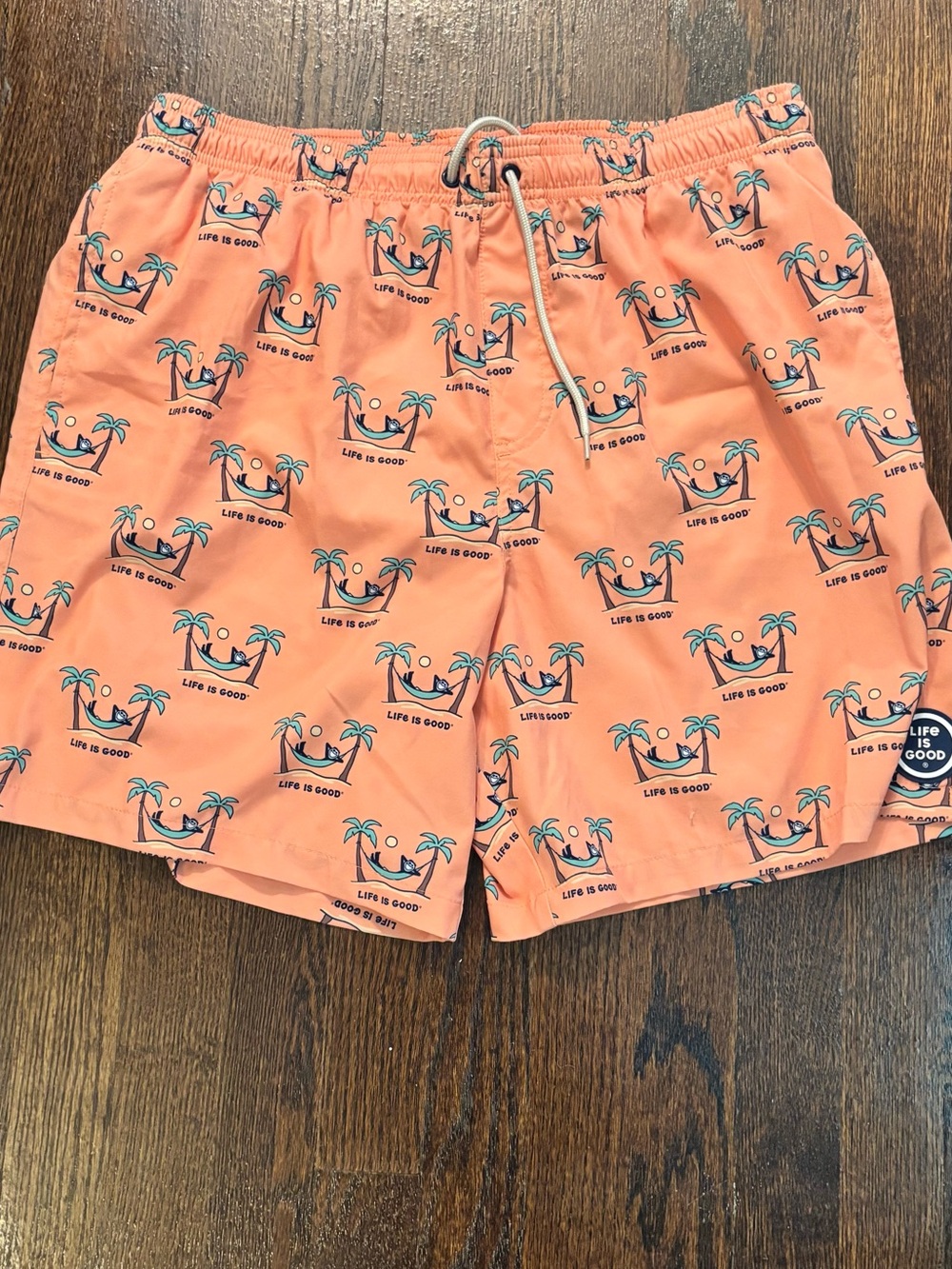 Life Is Good Peach Swim Trunks with Navy & Teal Print